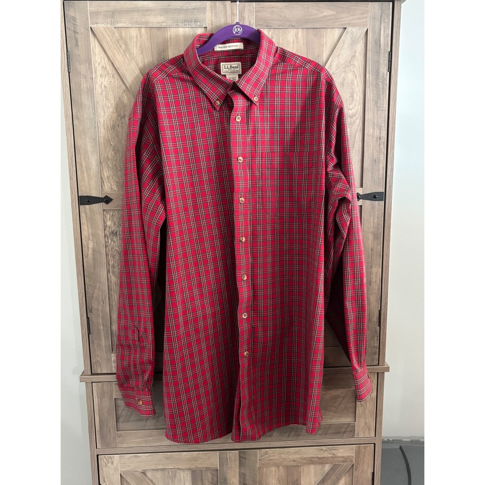 LL Bean Mens XL-Tall Red Plaid Wrinkle Resistant Cotton Button Down Shirt OYP39